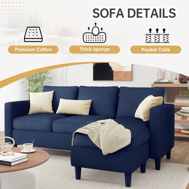 73.6" Convertible Sectional Sofa Couch, Modern L-Shaped Couch 3 Seat Sofa Sectional with Reversible Chaise, Space-Saving Sofa for Living Room, Apartment, Small Space, Blue