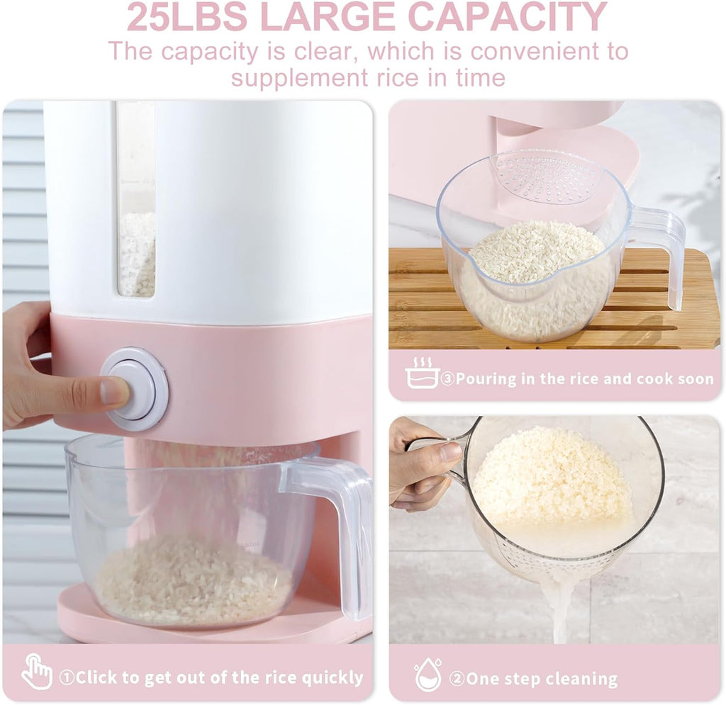 Stylish Pink Rice Dispenser - 25 Lbs Airtight Food Storage Container with Measuring Cup for Your Kitchen