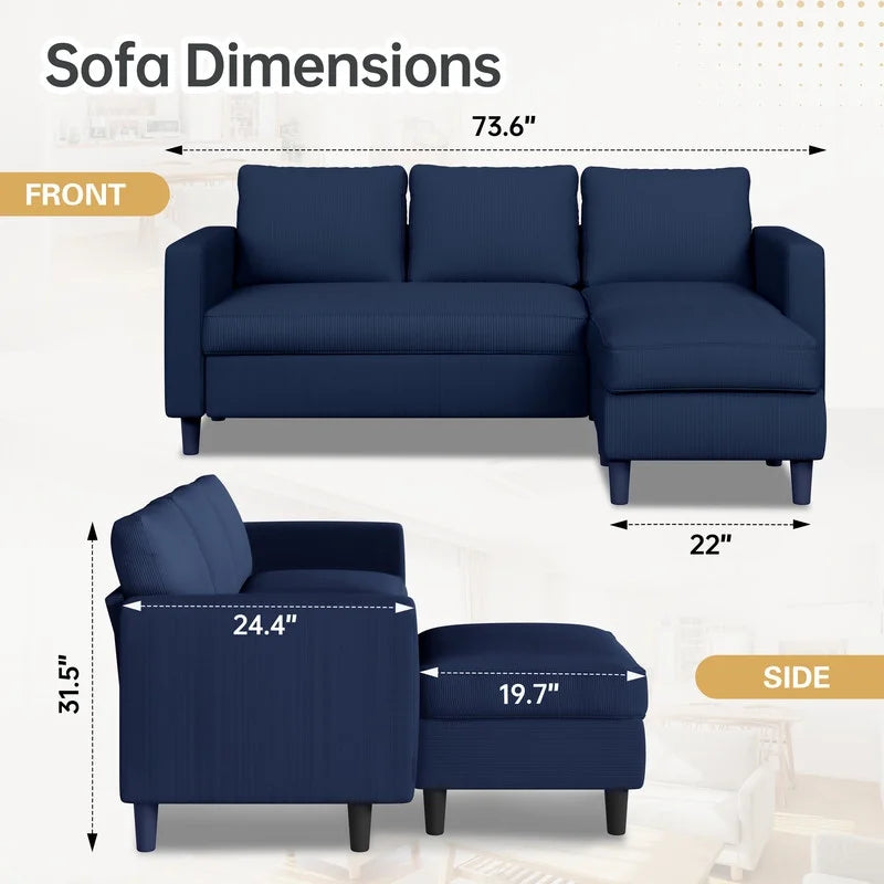 73.6" Convertible Sectional Sofa Couch, Modern L-Shaped Couch 3 Seat Sofa Sectional with Reversible Chaise, Space-Saving Sofa for Living Room, Apartment, Small Space, Blue