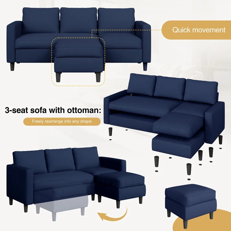 73.6" Convertible Sectional Sofa Couch, Modern L-Shaped Couch 3 Seat Sofa Sectional with Reversible Chaise, Space-Saving Sofa for Living Room, Apartment, Small Space, Blue