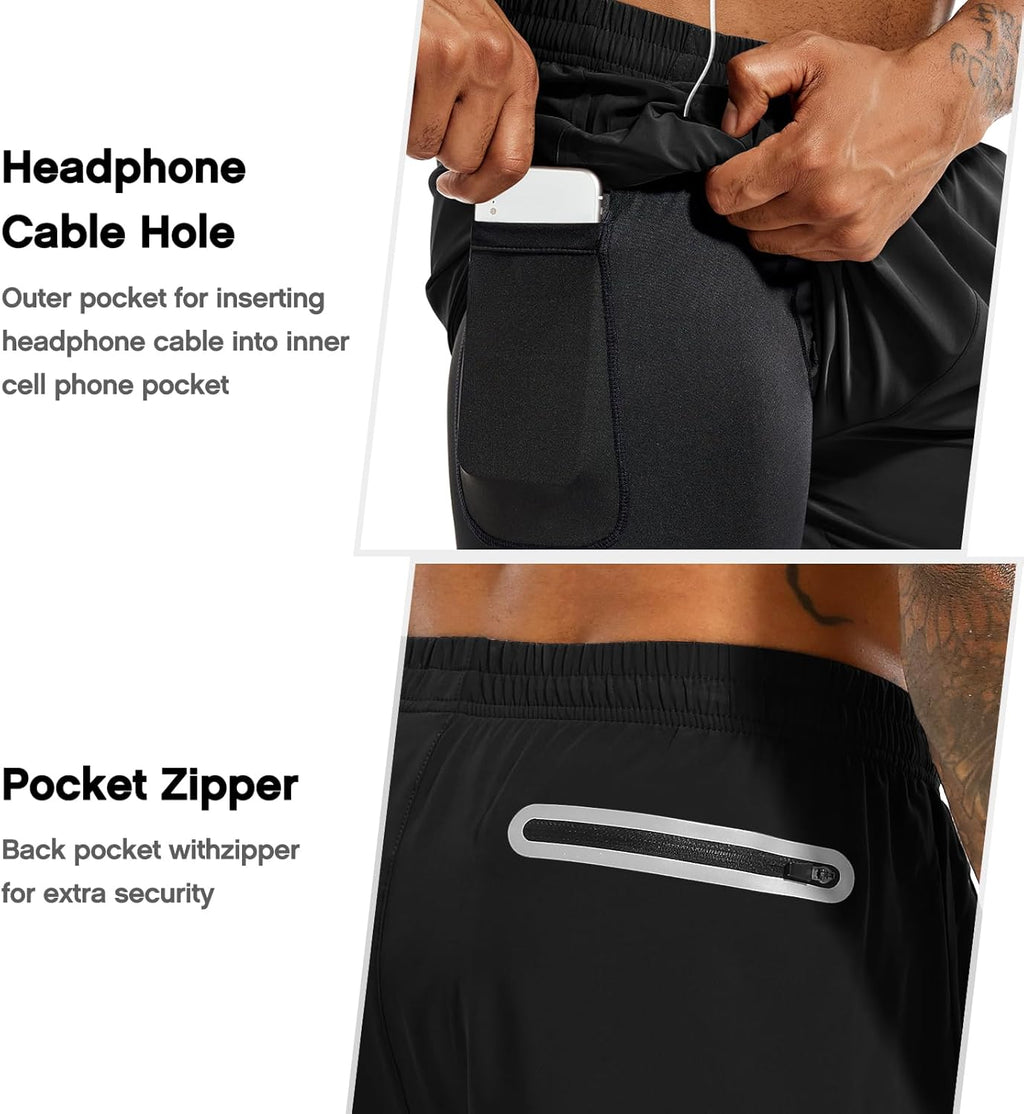 Men's Versatile 2-in-1 Running Shorts - Quick Dry Athletic Gym Shorts with Phone Pockets