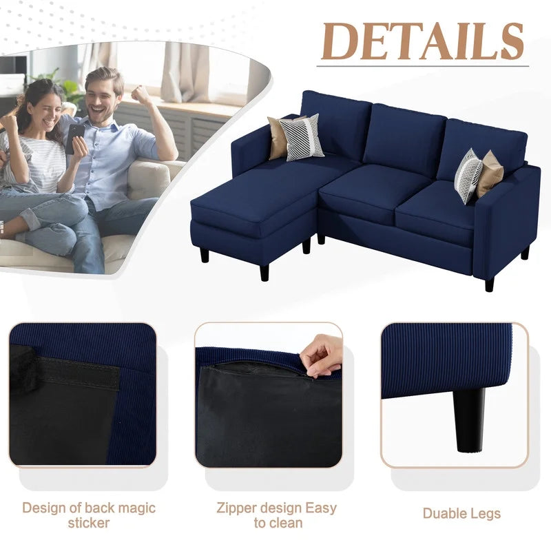 73.6" Convertible Sectional Sofa Couch, Modern L-Shaped Couch 3 Seat Sofa Sectional with Reversible Chaise, Space-Saving Sofa for Living Room, Apartment, Small Space, Blue
