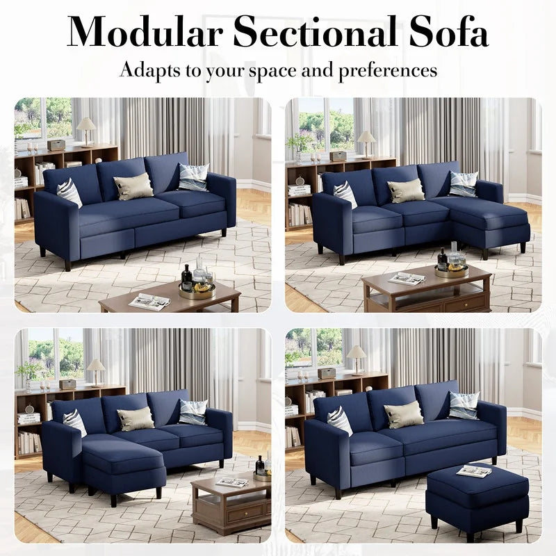 73.6" Convertible Sectional Sofa Couch, Modern L-Shaped Couch 3 Seat Sofa Sectional with Reversible Chaise, Space-Saving Sofa for Living Room, Apartment, Small Space, Blue