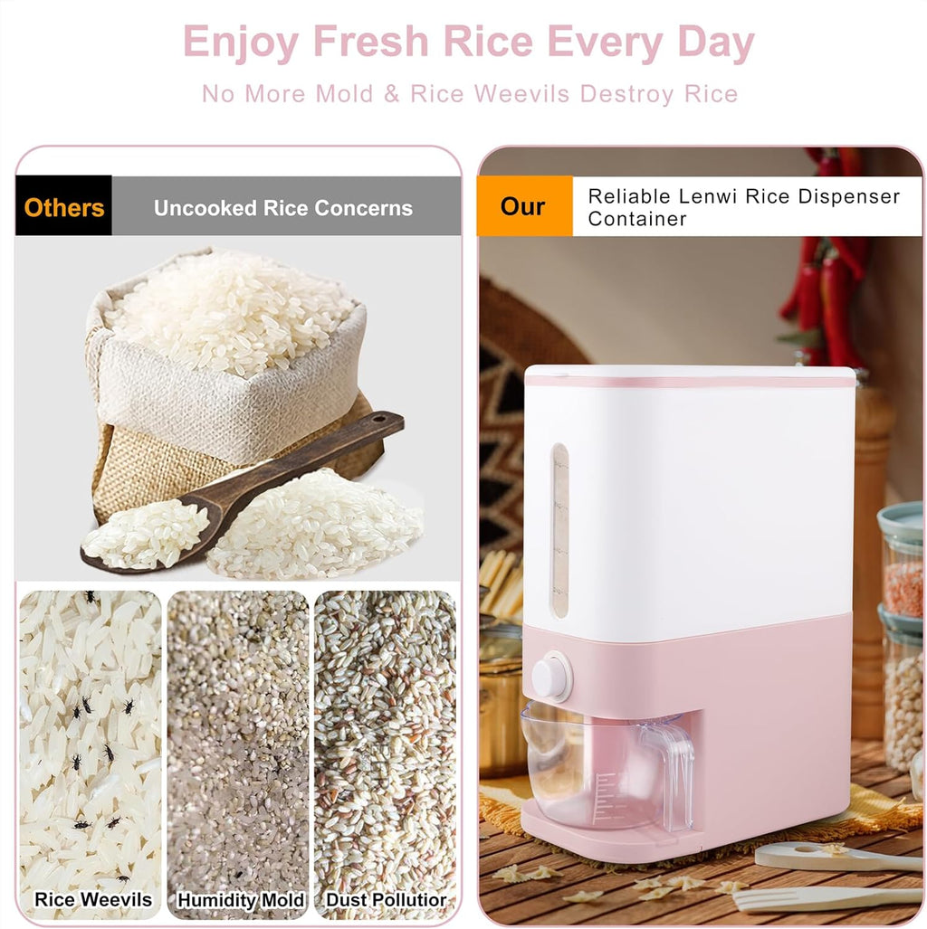 Stylish Pink Rice Dispenser - 25 Lbs Airtight Food Storage Container with Measuring Cup for Your Kitchen