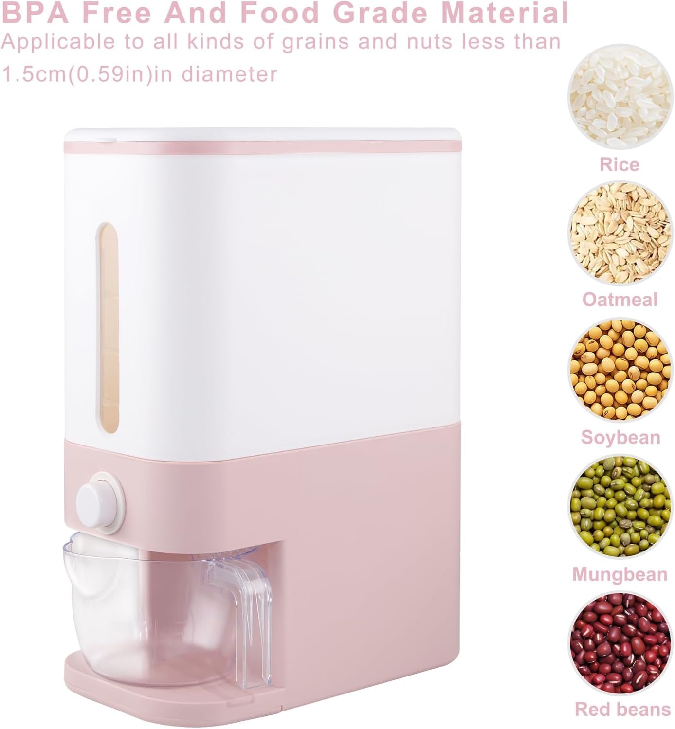 Stylish Pink Rice Dispenser - 25 Lbs Airtight Food Storage Container with Measuring Cup for Your Kitchen