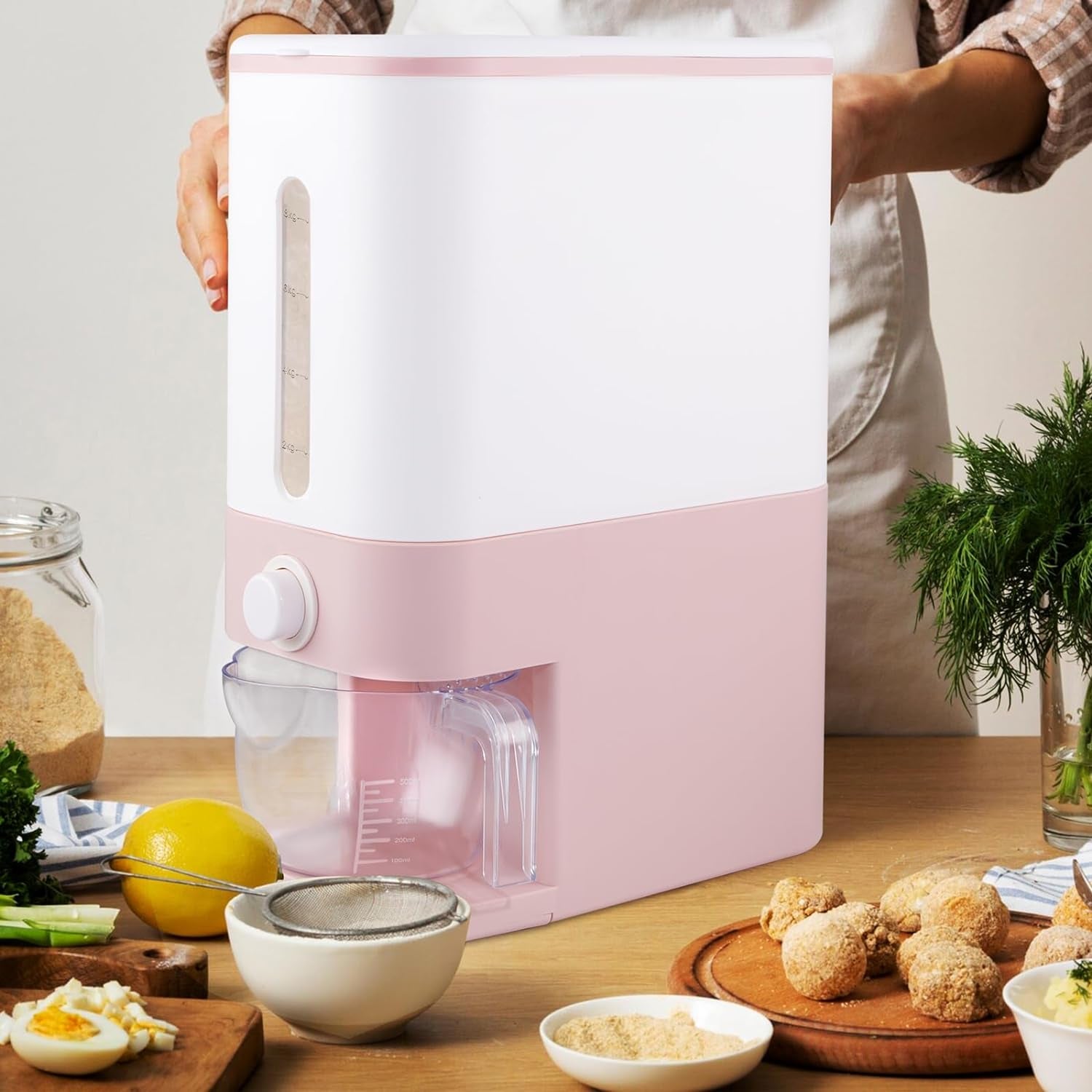Stylish Pink Rice Dispenser - 25 Lbs Airtight Food Storage Container with Measuring Cup for Your Kitchen
