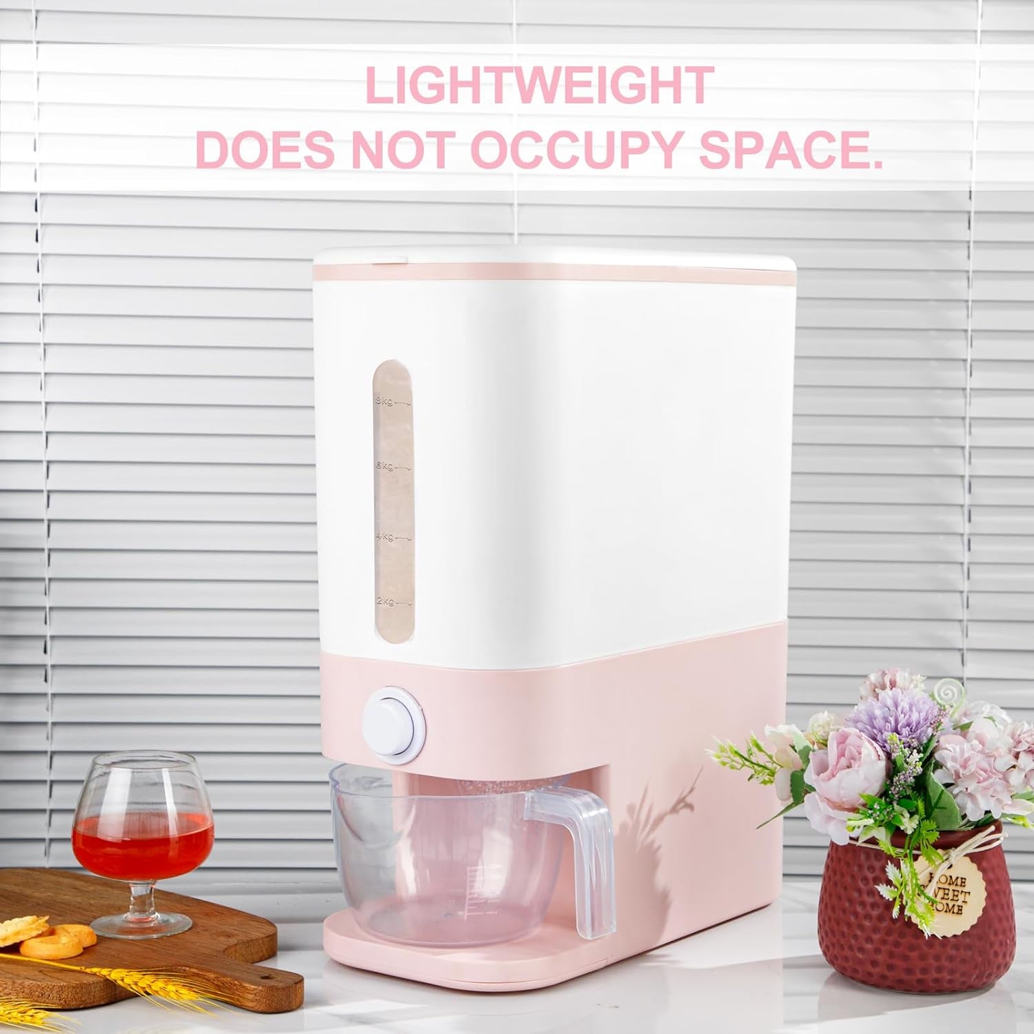 Stylish Pink Rice Dispenser - 25 Lbs Airtight Food Storage Container with Measuring Cup for Your Kitchen